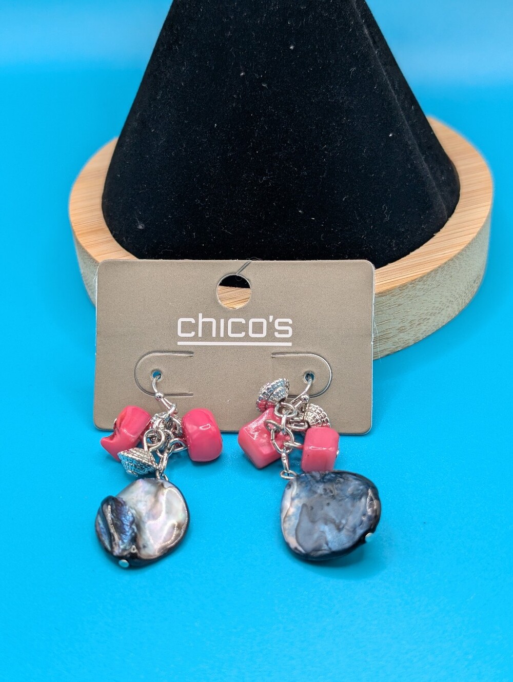 Chico's Coral Pink Bead & Iridescent Dangle Earrings